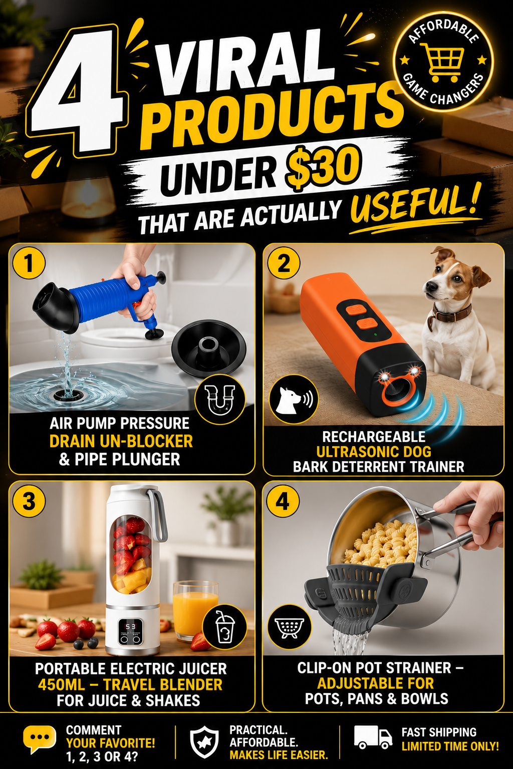 4 Viral Products Under $30 That Are Actually Useful — Air Pump Drain Unblocker, Ultrasonic Dog Bark Trainer, Portable Electric Juicer, Clip-On Pot Strainer
