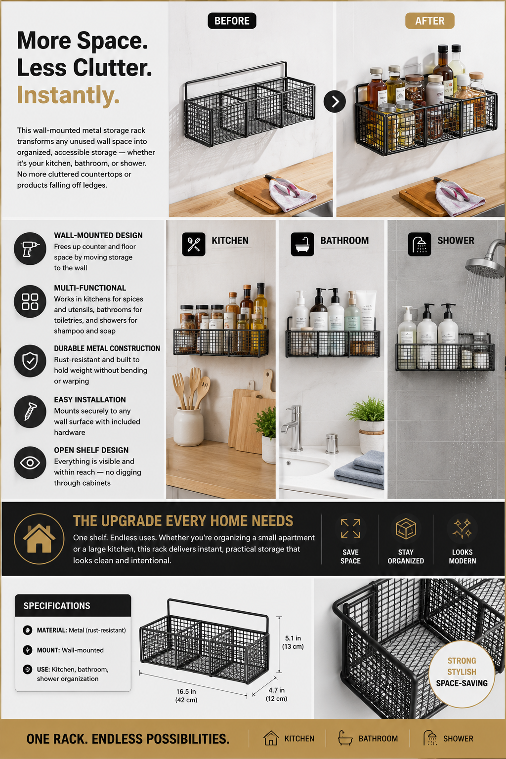 Wall-Mounted Metal Storage Rack — Before and After space-saving home organization flyer by Authority Asset Brand
