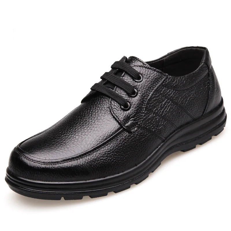 Men's shoes featuring a black textured leather lace-up casual shoe with stitched toe detailing and a black sole