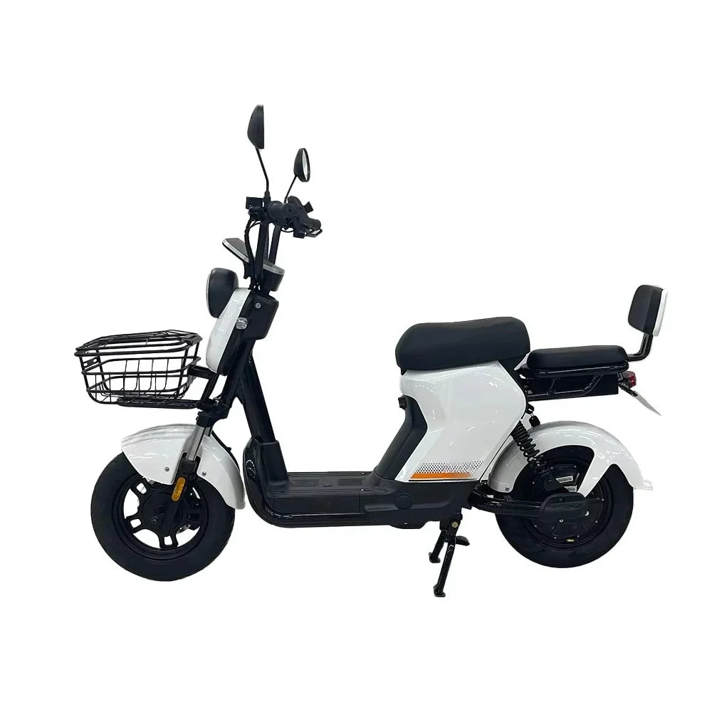 500W adult electric scooter with 48V system, front basket, black seat, and rear platform for experienced adult riders