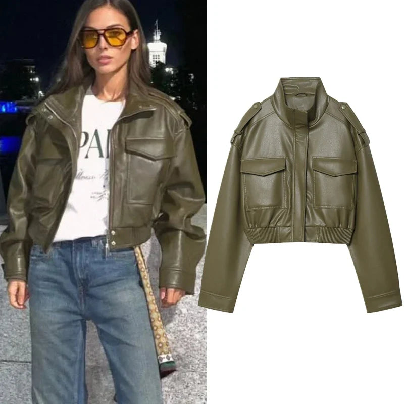 Women's jackets guide featuring an army green faux leather zip-front jacket with flap pockets, shown on a woman and as a standalone garment