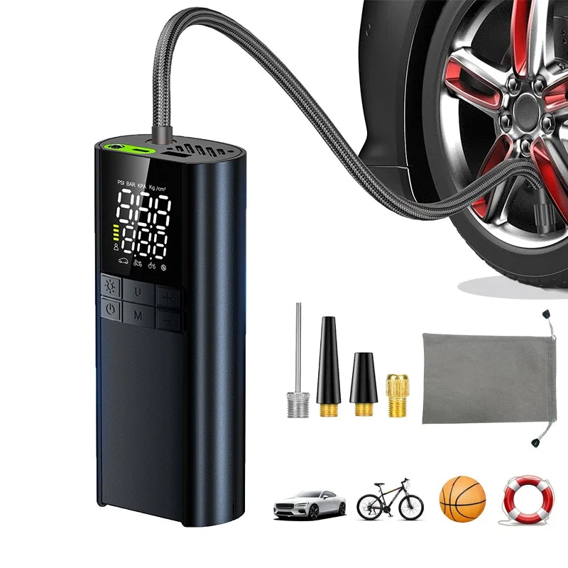 Cordless tire inflator with digital pressure gauge, portable rechargeable air pump for car, motorcycle and bicycle users