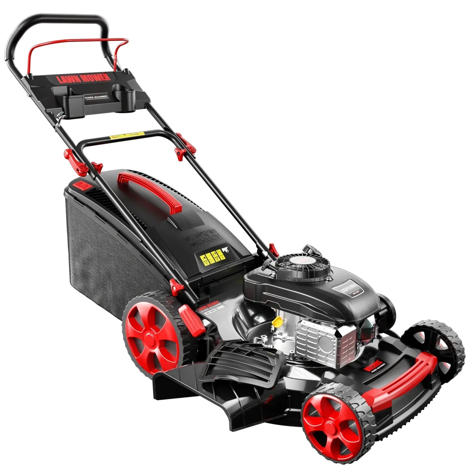 201cc 21-inch self-propelled gas lawn mower with red wheels and OHV engine on white background