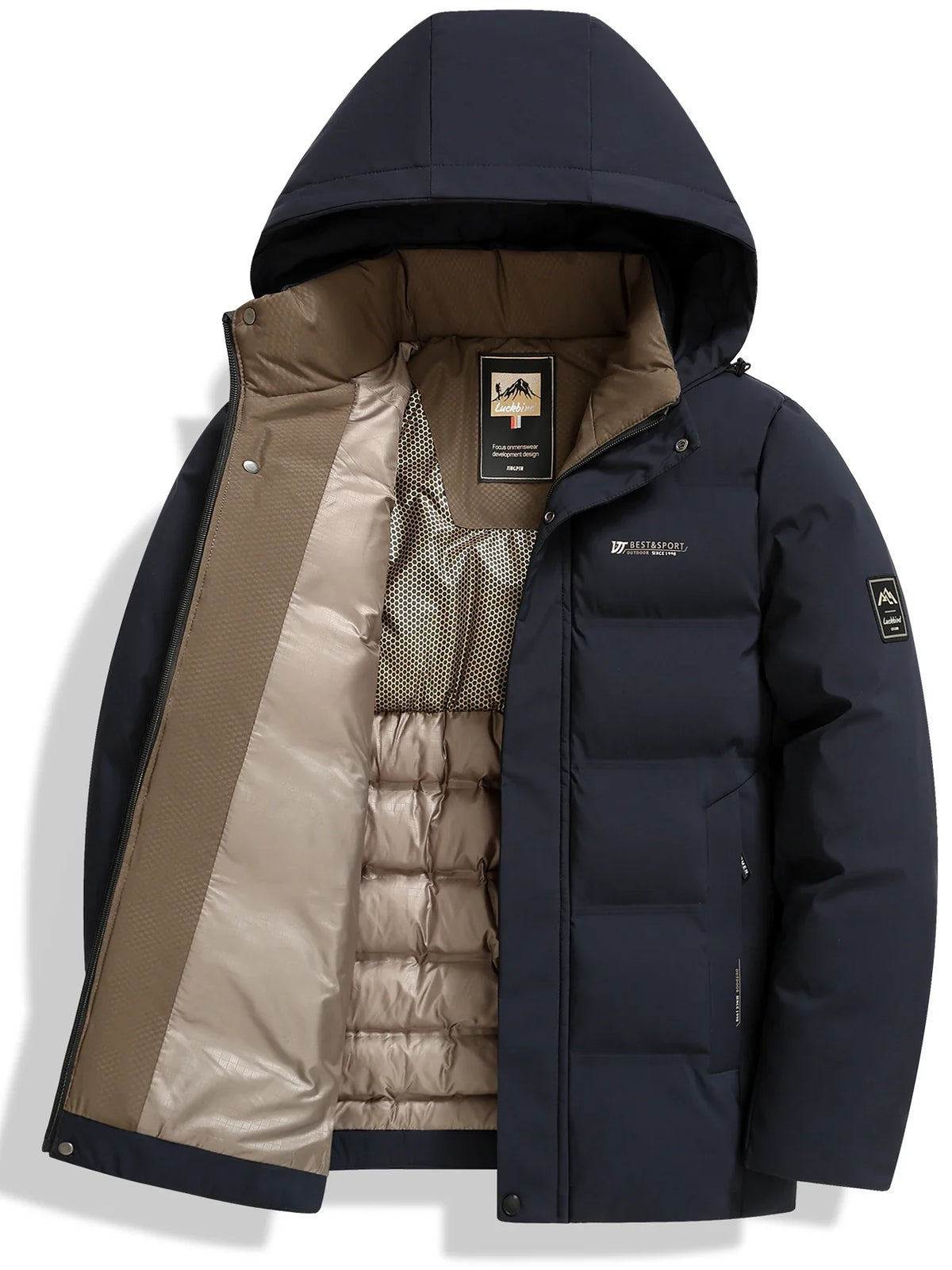 Men's padded hooded zip jacket with detachable hood in a casual outerwear product image for men