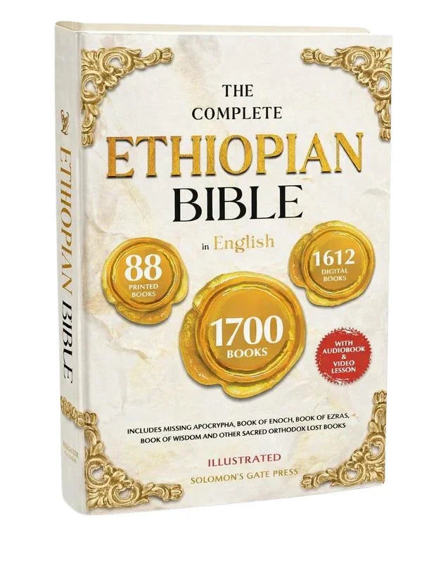 Ethiopian Bible in English illustrated printed book with cream and gold cover for readers interested in personal scripture study