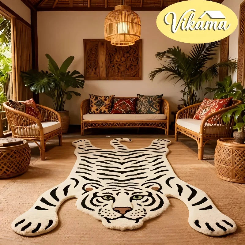 White Tiger Patterned Rug in a tropical living room setting — bold non-slip bedroom and bathroom mat by Authority Asset Brand