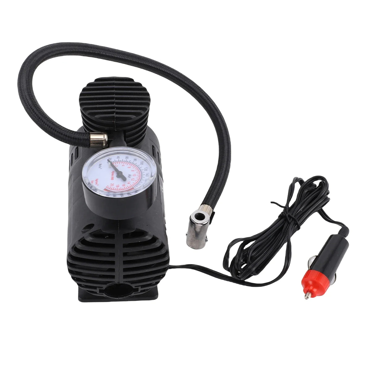 12V mini air compressor with built-in pressure gauge, portable plug-in pump for bicycle tires and sports balls