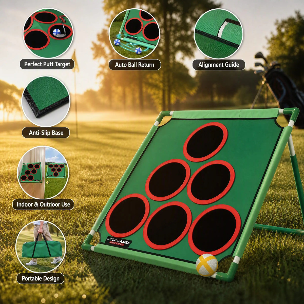 Backyard golf game set with green angled target panel and red-ringed openings, showing portable target-game format for men and women enjoying outdoor play