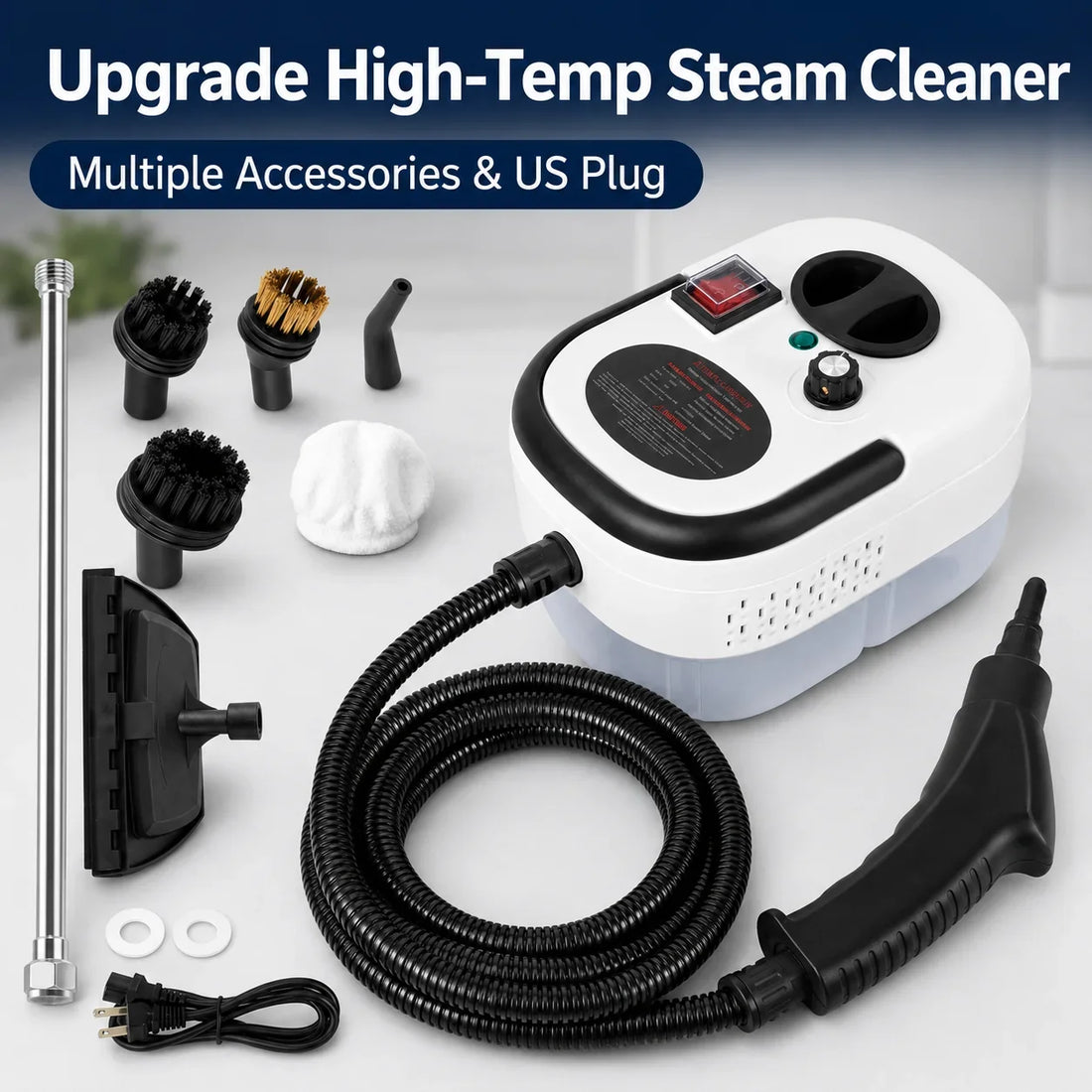 Handheld steam cleaner with adjustable output, hose and brush attachments for home-cleaning users