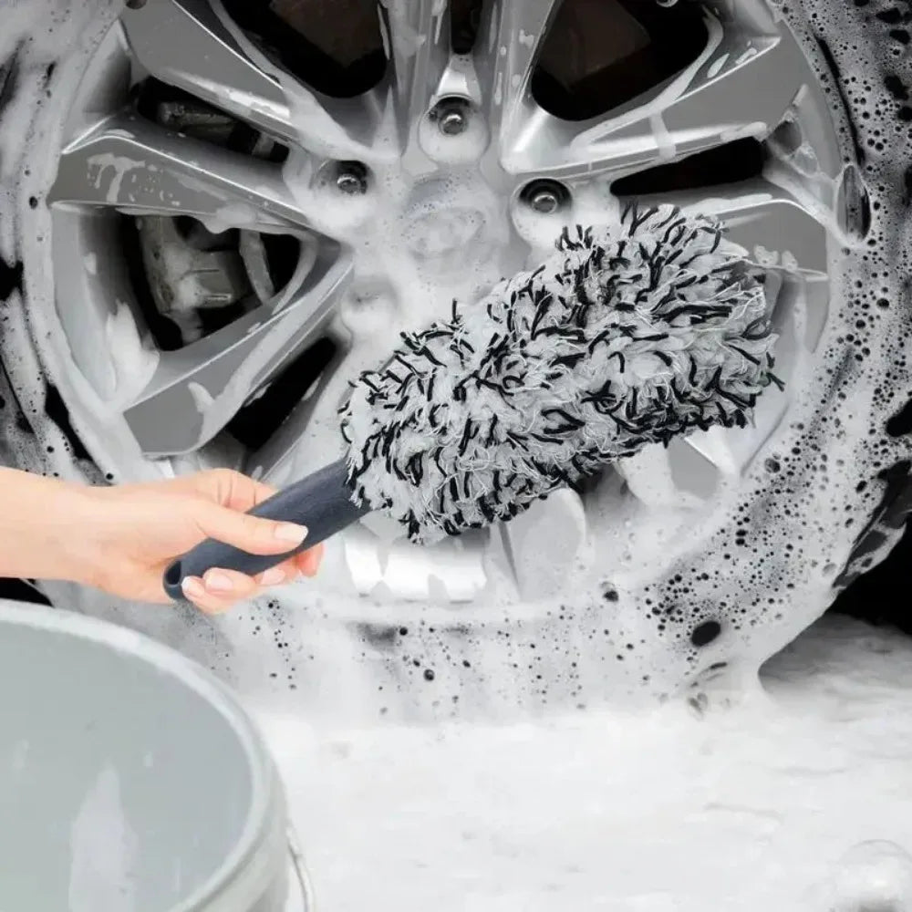 Plush car wheel rim brush cleaning spokes and barrels with non-slip handle