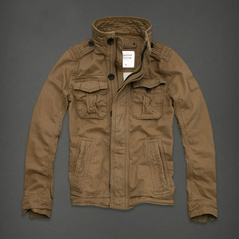 Men's camouflage cotton cargo jacket with pockets and zip-front format for men seeking casual outerwear