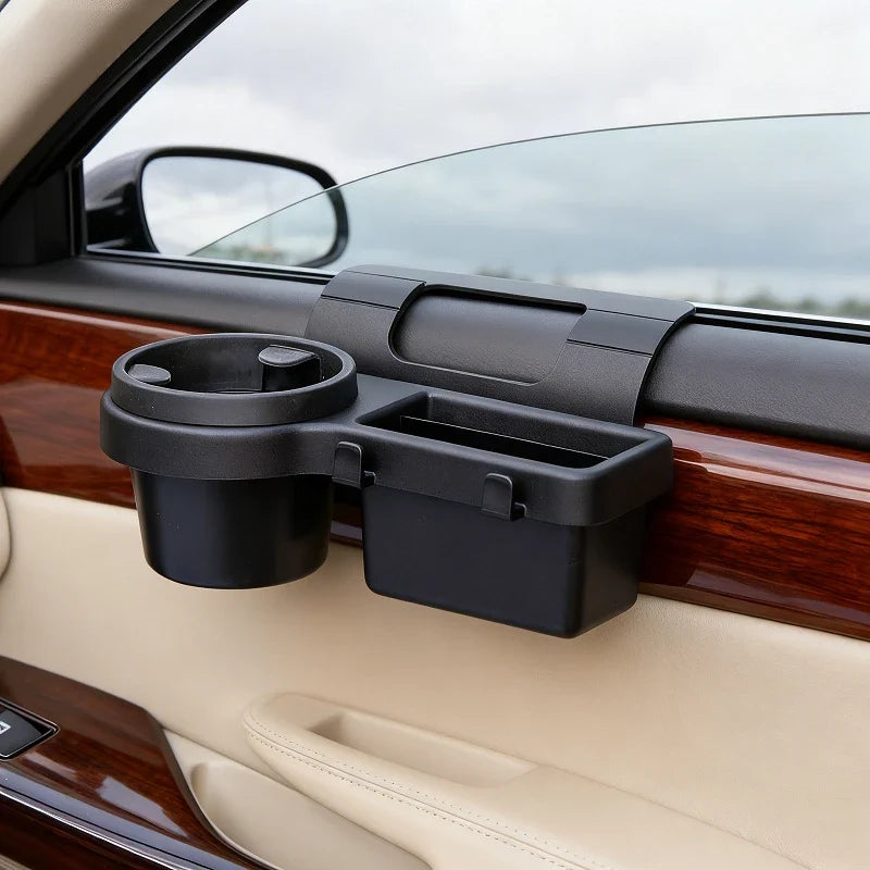 Car organizers: black window-mounted cup holder with rectangular phone and small-item compartment on a vehicle door for commuters and passengers