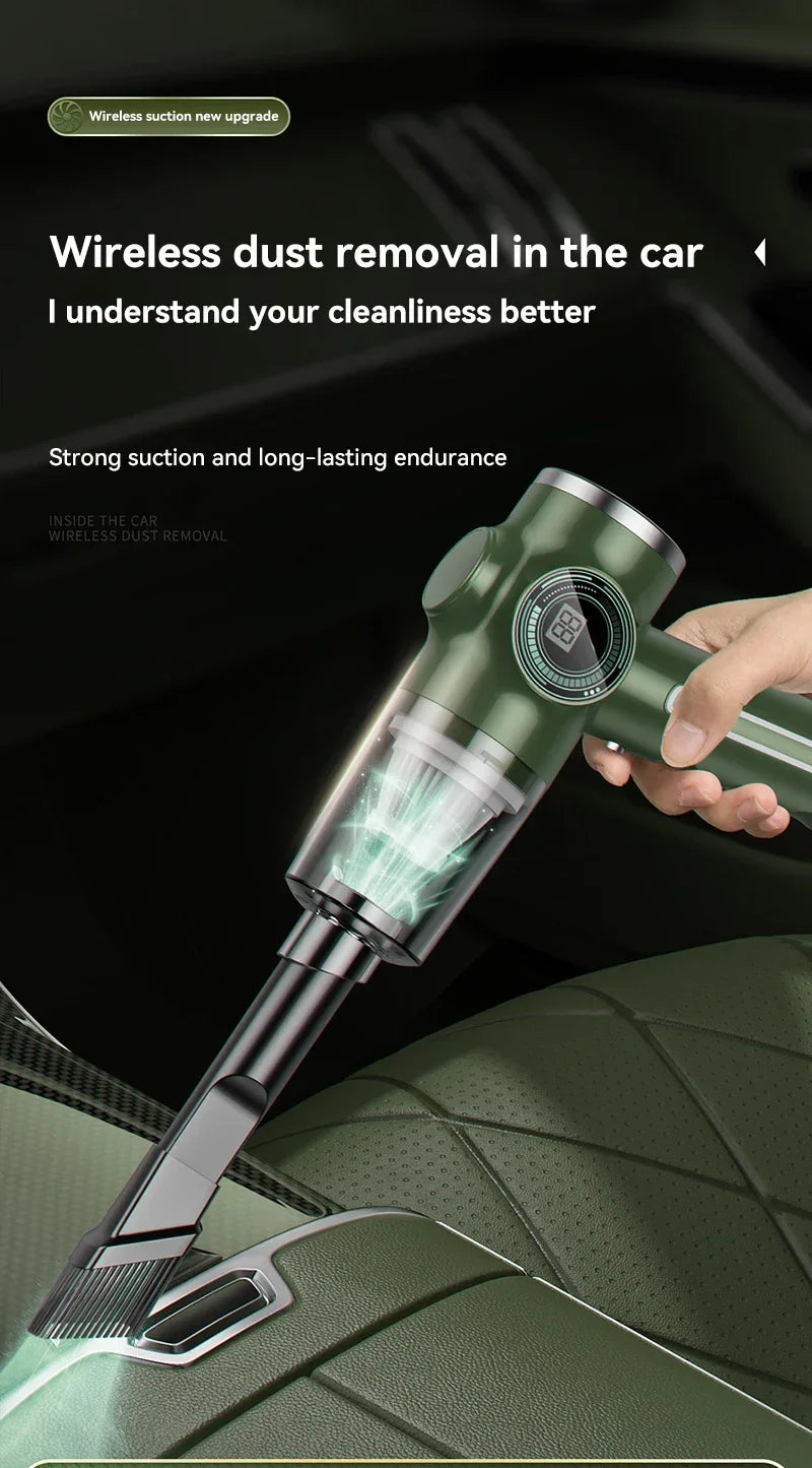 Cordless handheld car vacuum with washable filter in a portable format cleaning dry debris from vehicle seats and crevices for drivers