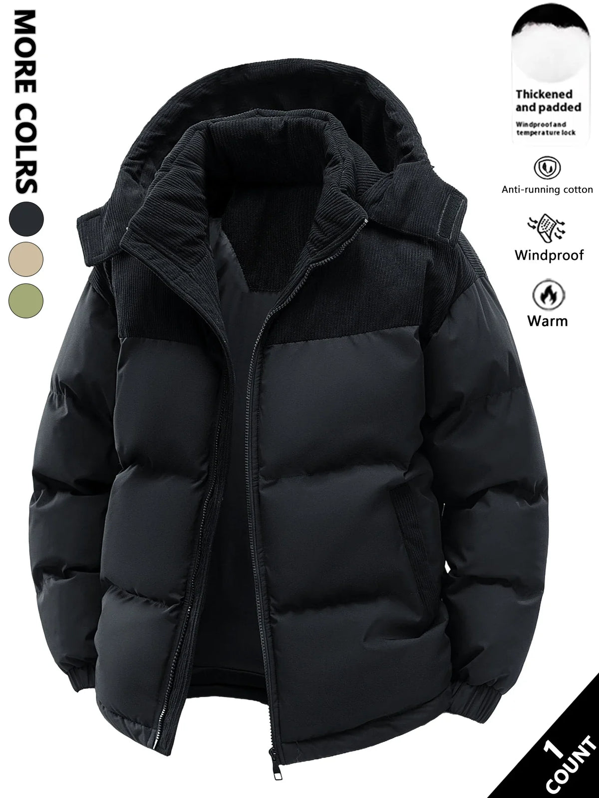 Men's hooded padded jacket with silk-like cotton filling in a casual product image for men seeking everyday layers