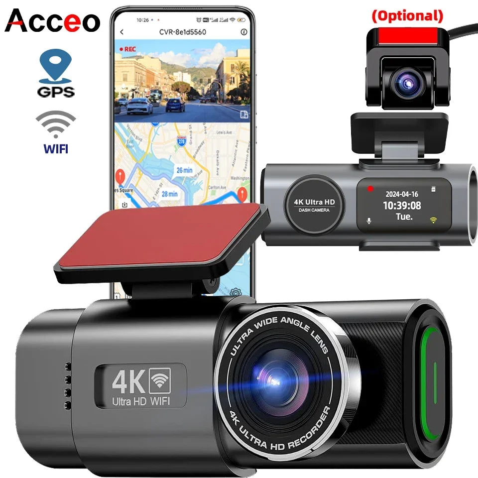 4K UHD Dash Cam with Night Vision, GPS, and Wi-Fi mounted on car windshield