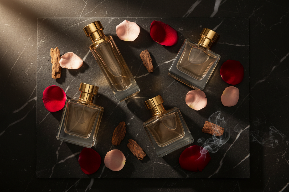 Luxury cologne and perfume bottles editorial flat lay – Authority Asset Brand