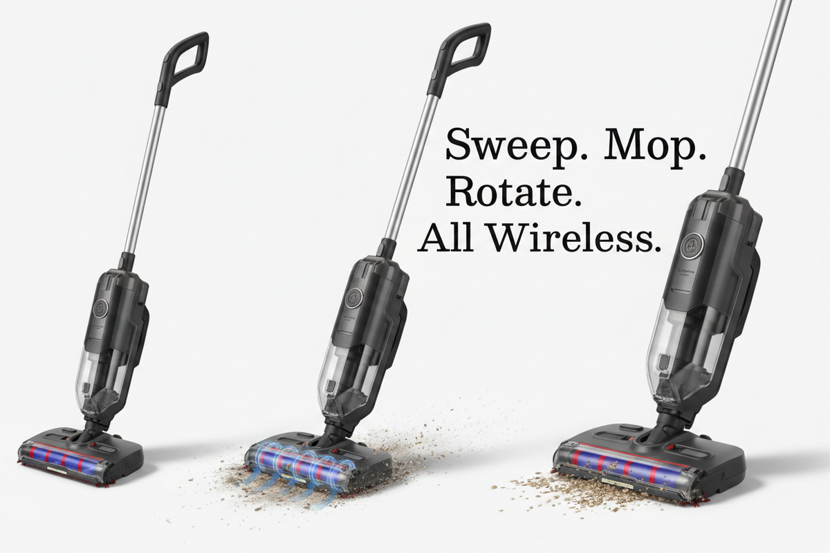 Vacuum cleaners collection featuring cordless electric floor sweeper mop in three angles