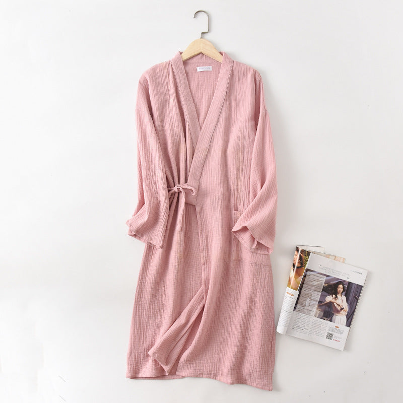 Couples 100% Cotton Crepe Gauze Robe | Long-Sleeve V-Neck Kimono Wedding Bathrobe