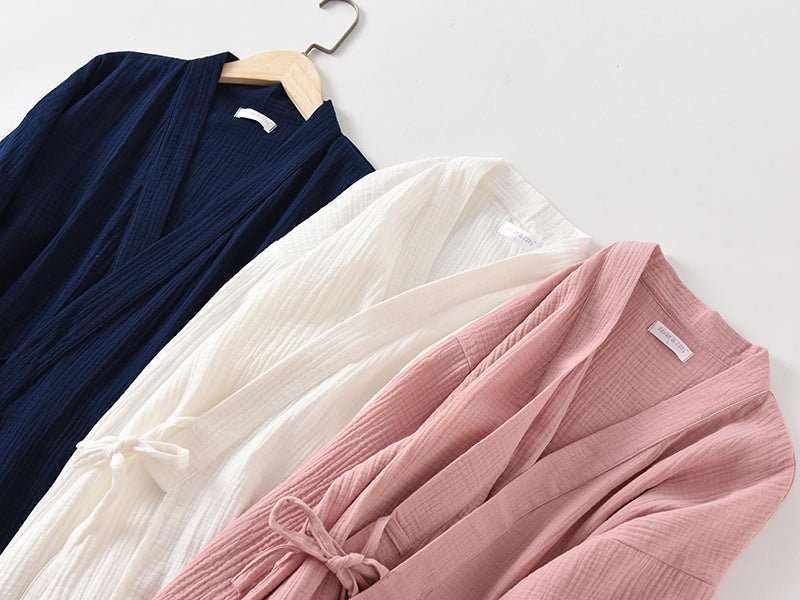 Couples 100% Cotton Crepe Gauze Robe | Long-Sleeve V-Neck Kimono Wedding Bathrobe