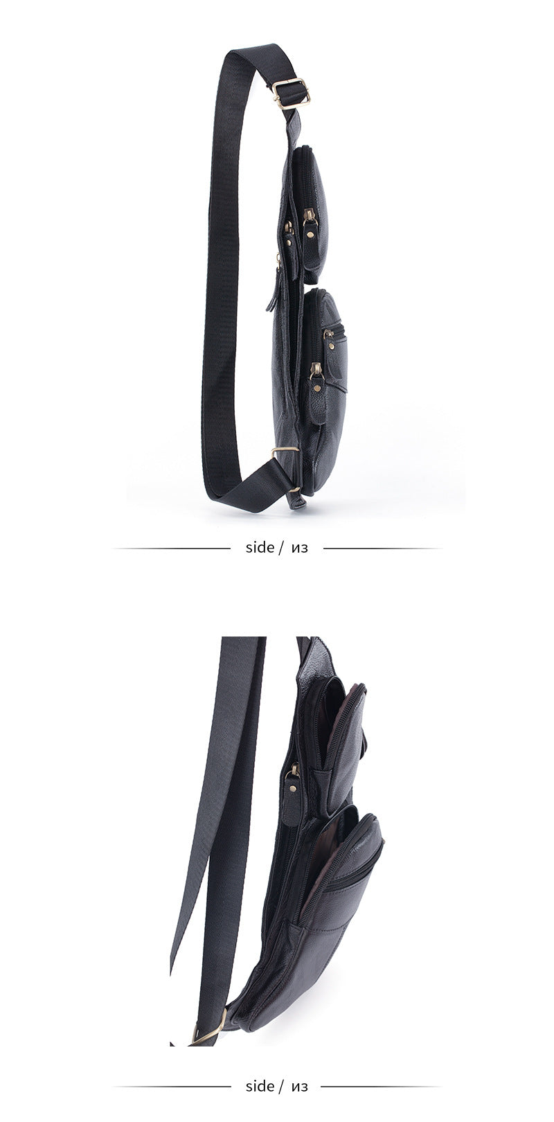 HAOSHUAI Men’s Genuine Leather Crossbody Sling Bag – Vintage Half-Moon, Zipper, Travel & Casual, Black & Coffee