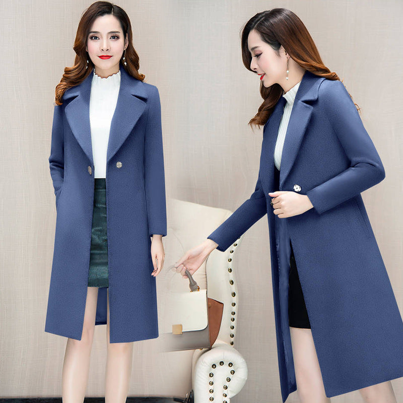 Women's Mid-Length Woolen Coat — Korean Hepburn Style with Strap Detail