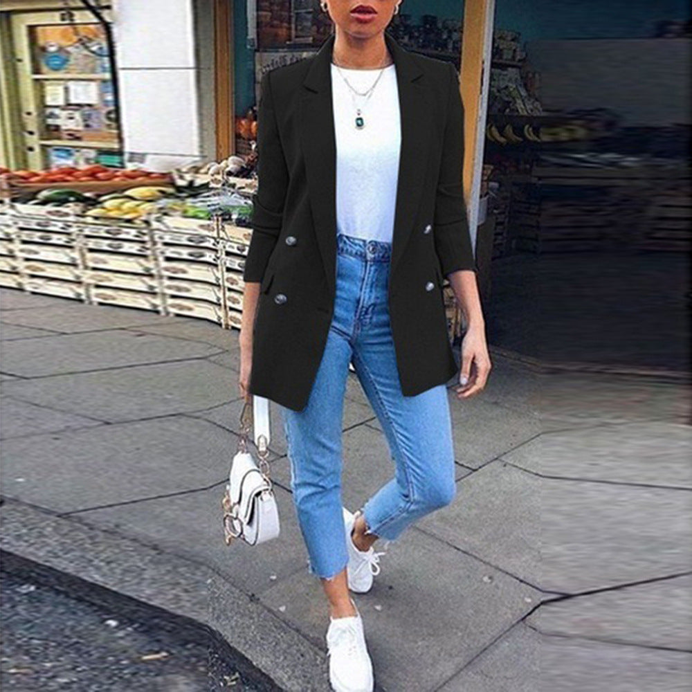 Women's Solid Color Lapel Cardigan Suit Jacket — Long Blazer