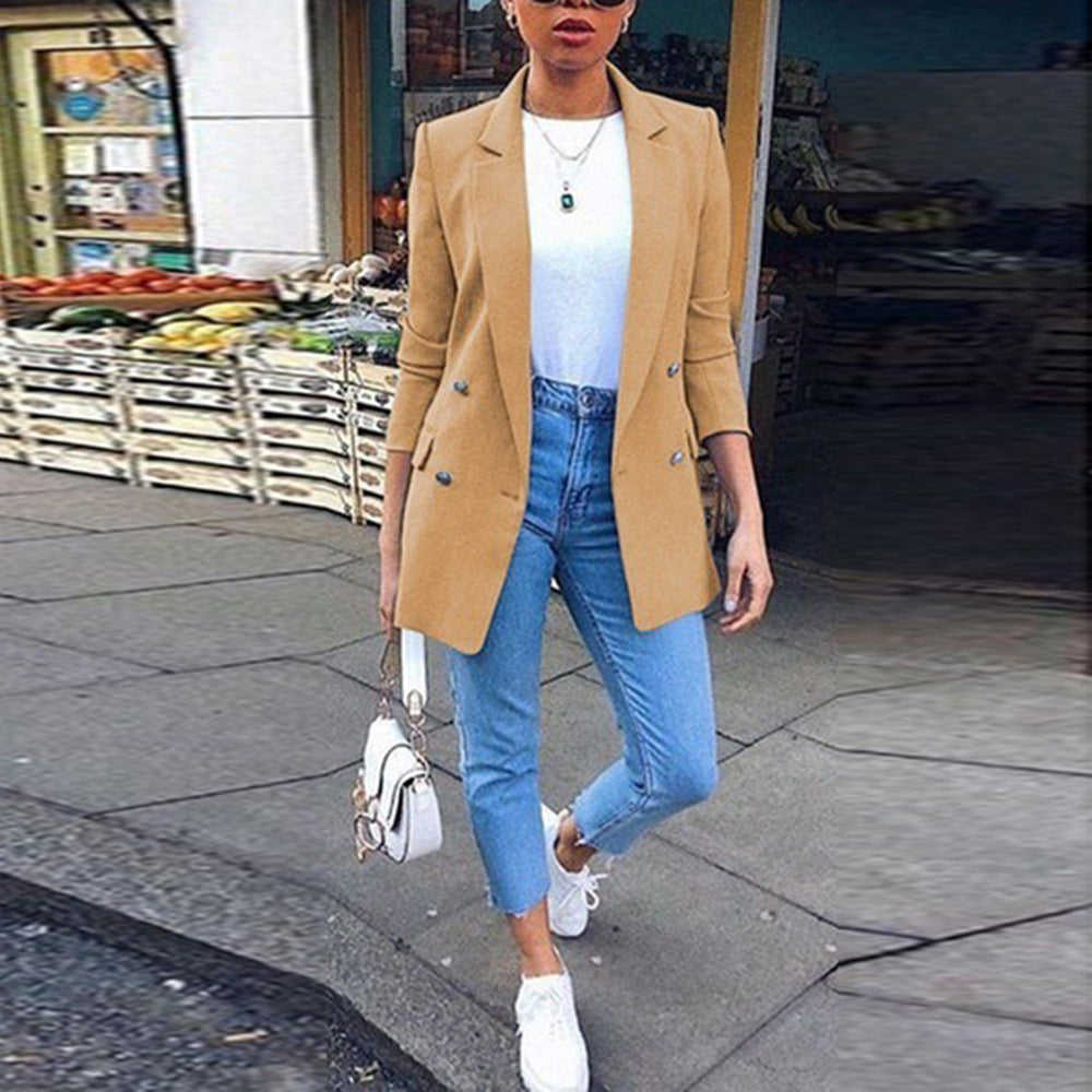 Women's Solid Color Lapel Cardigan Suit Jacket — Long Blazer
