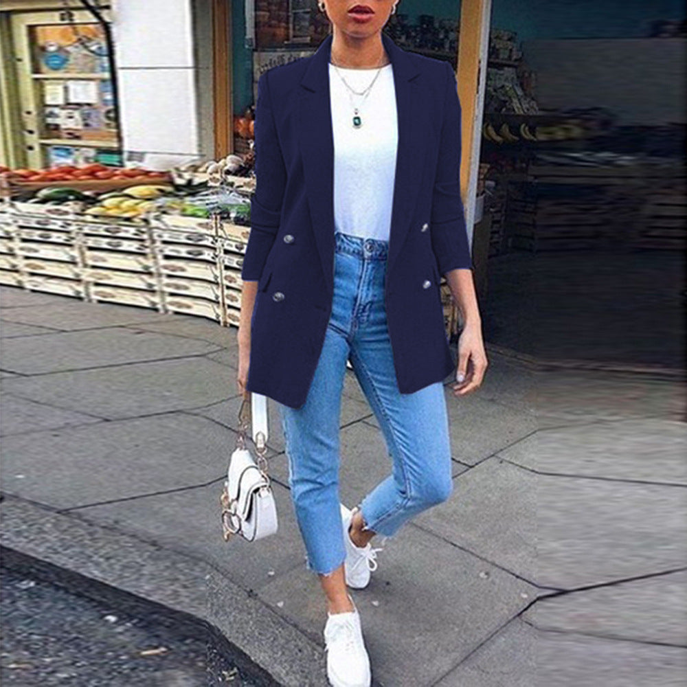 Women's Solid Color Lapel Cardigan Suit Jacket — Long Blazer