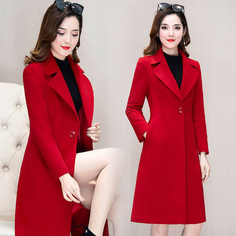 Women's Mid-Length Woolen Coat — Korean Hepburn Style with Strap Detail