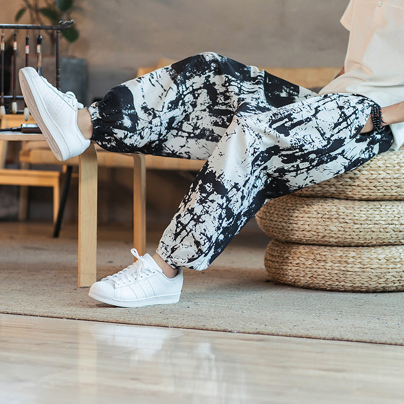 Men's Cotton Linen Printed Casual Trousers — Retro Chinese Style Plus Size Skinny Pants