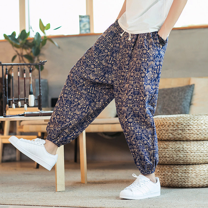 Men's Cotton Linen Printed Casual Trousers — Retro Chinese Style Plus Size Skinny Pants
