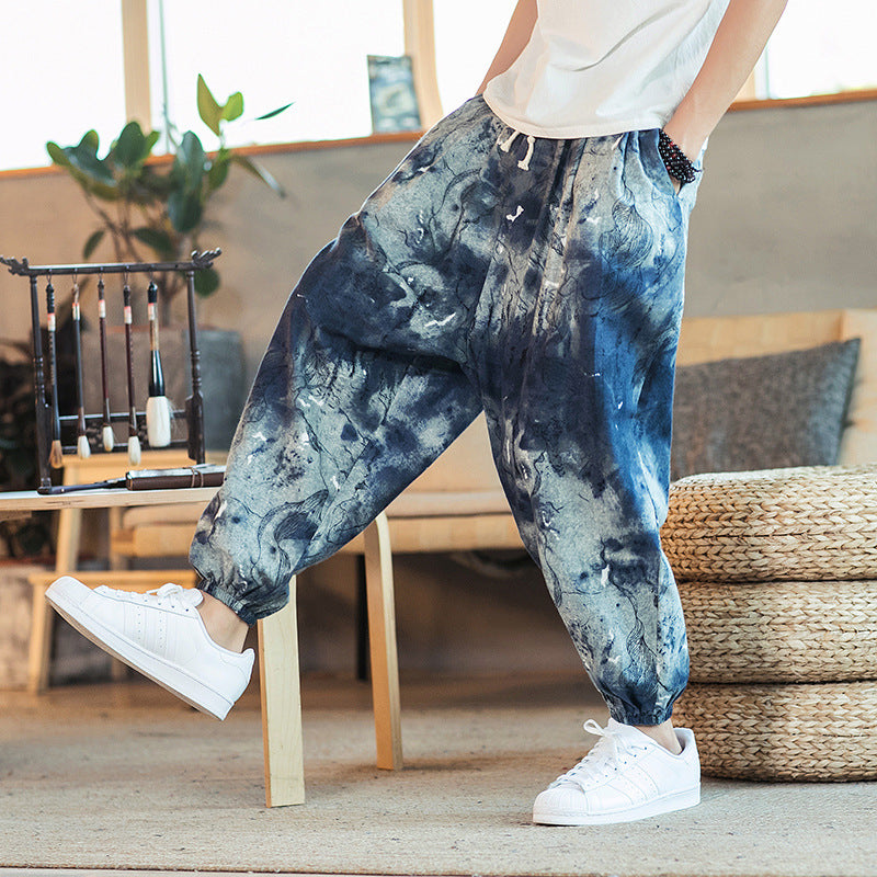Men's Cotton Linen Printed Casual Trousers — Retro Chinese Style Plus Size Skinny Pants