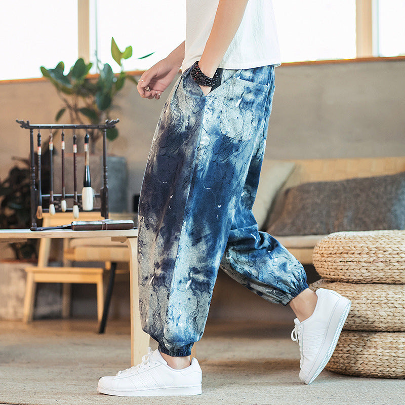 Men's Cotton Linen Printed Casual Trousers — Retro Chinese Style Plus Size Skinny Pants