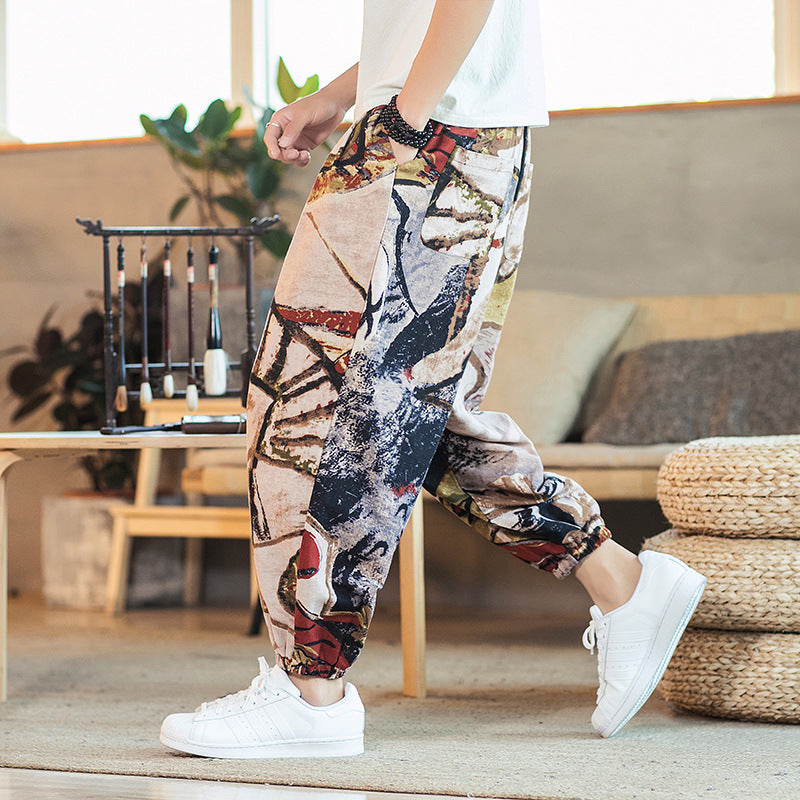Men's Cotton Linen Printed Casual Trousers — Retro Chinese Style Plus Size Skinny Pants