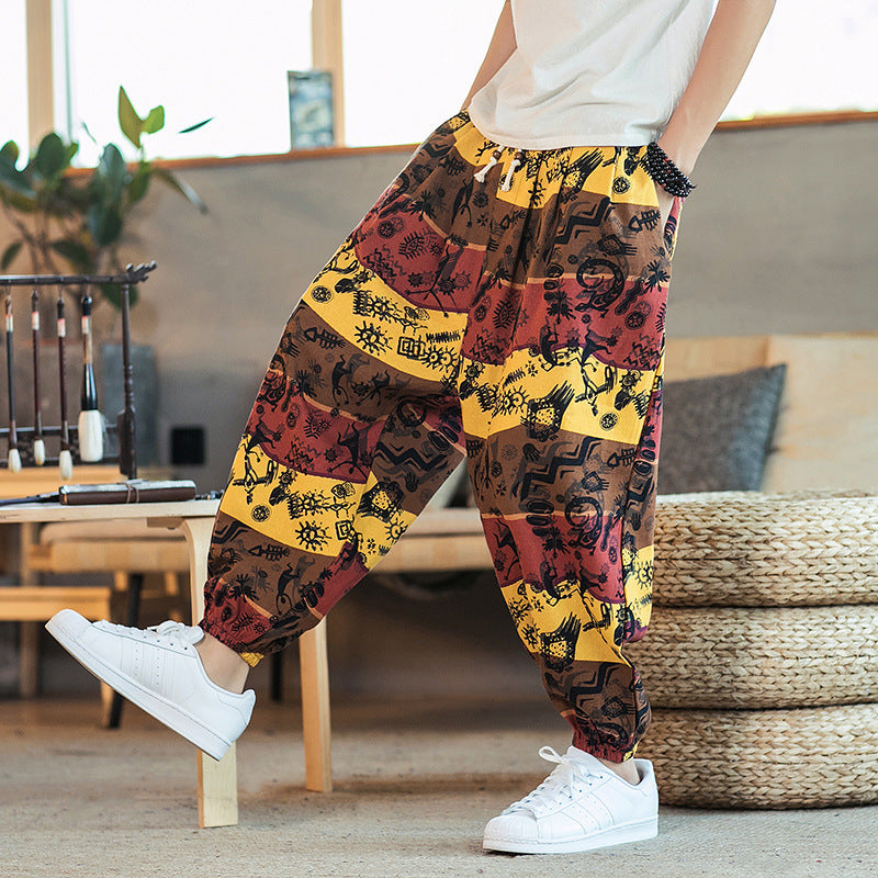 Men's Cotton Linen Printed Casual Trousers — Retro Chinese Style Plus Size Skinny Pants