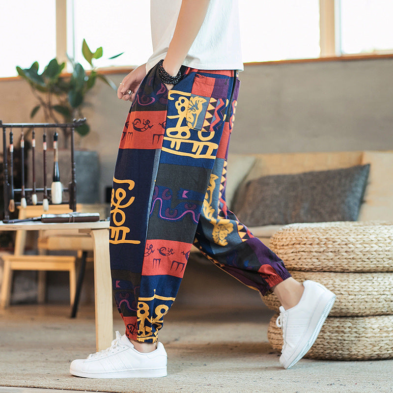Men's Cotton Linen Printed Casual Trousers — Retro Chinese Style Plus Size Skinny Pants