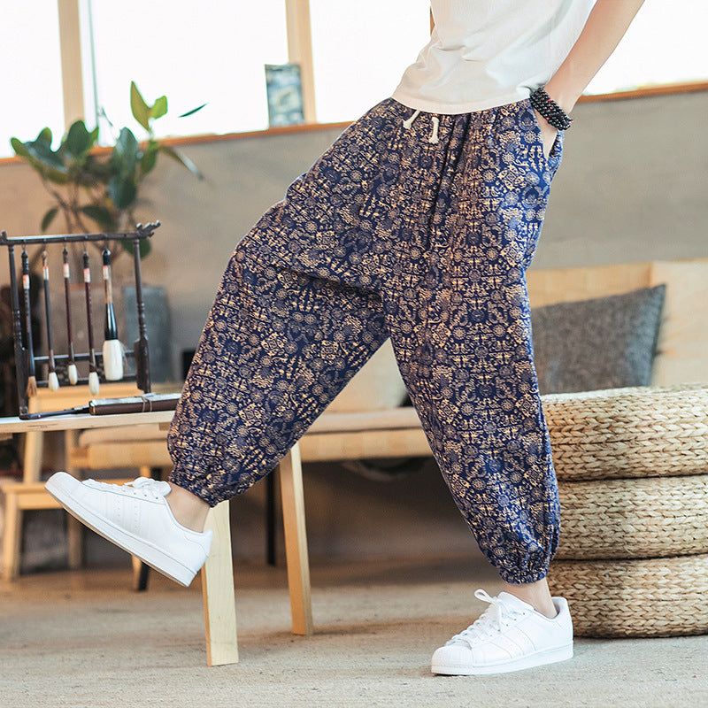 Men's Cotton Linen Printed Casual Trousers — Retro Chinese Style Plus Size Skinny Pants