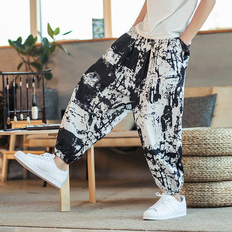 Men's Cotton Linen Printed Casual Trousers — Retro Chinese Style Plus Size Skinny Pants