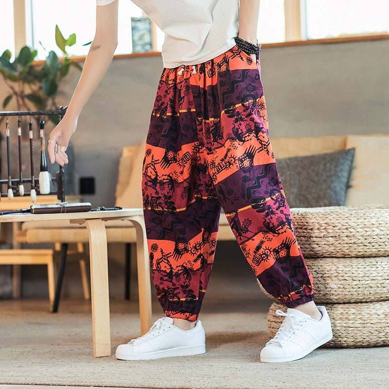 Men's Cotton Linen Printed Casual Trousers — Retro Chinese Style Plus Size Skinny Pants