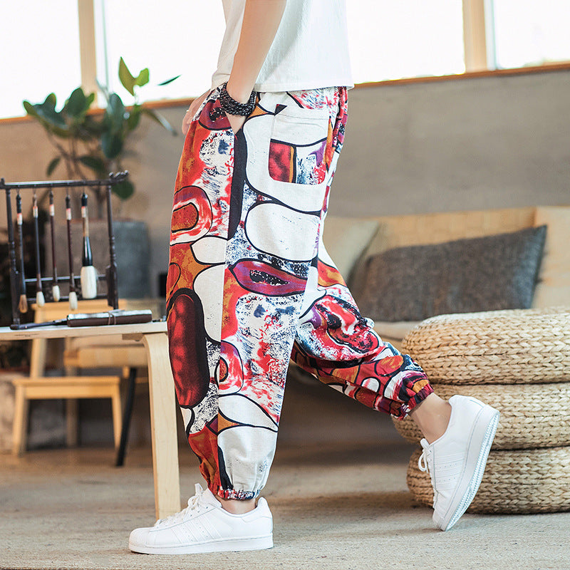 Men's Cotton Linen Printed Casual Trousers — Retro Chinese Style Plus Size Skinny Pants