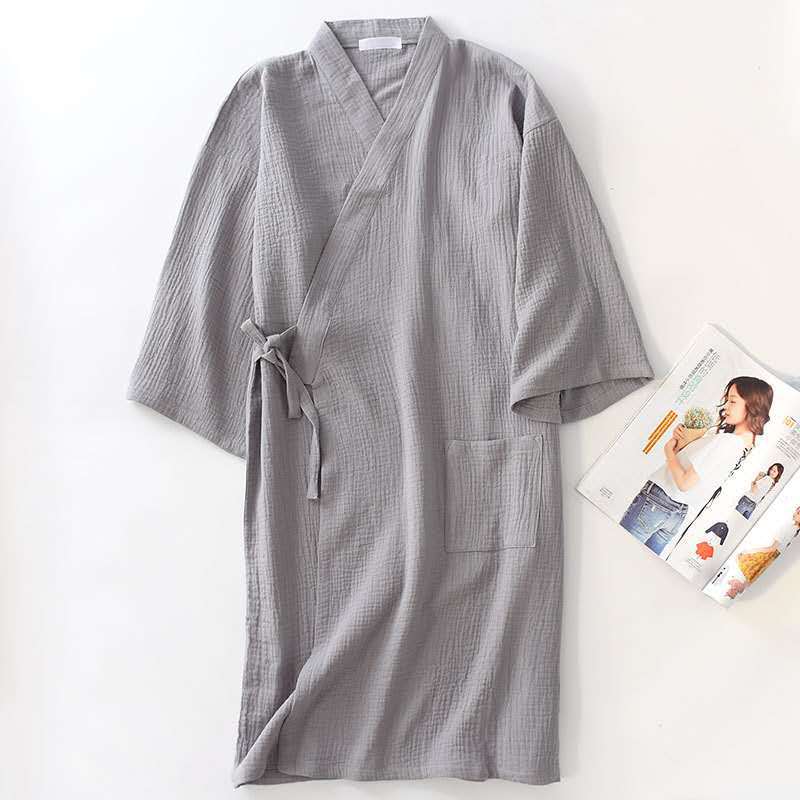 Couples 100% Cotton Crepe Gauze Robe | Long-Sleeve V-Neck Kimono Wedding Bathrobe