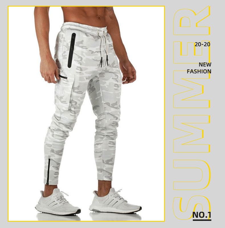 Men's Camouflage Sports Overalls — Cotton Running Fitness Bib Trousers with Zipper Detail