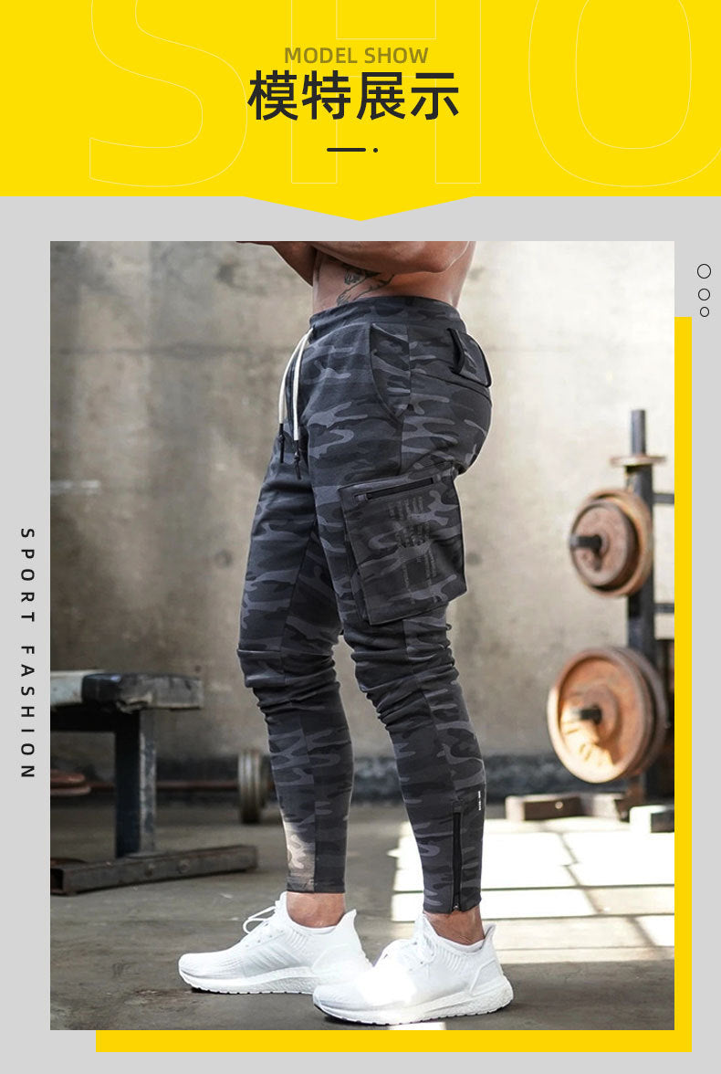 Men's Camouflage Sports Overalls — Cotton Running Fitness Bib Trousers with Zipper Detail