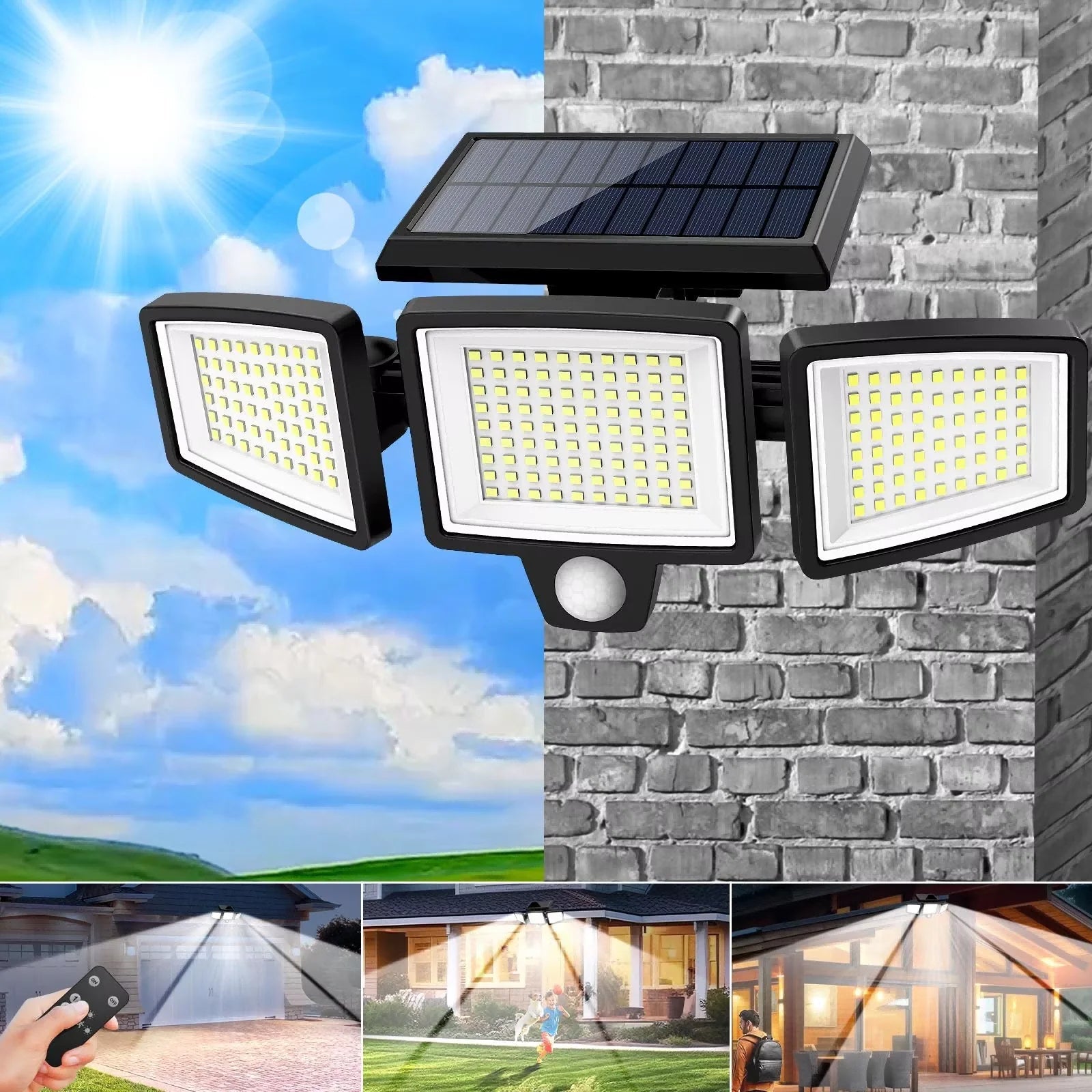 3-Head Solar Outdoor Security Light — Motion Sensor, Wireless Remote, Dimmable LED (1–5 Pack) - Authority Asset Brand