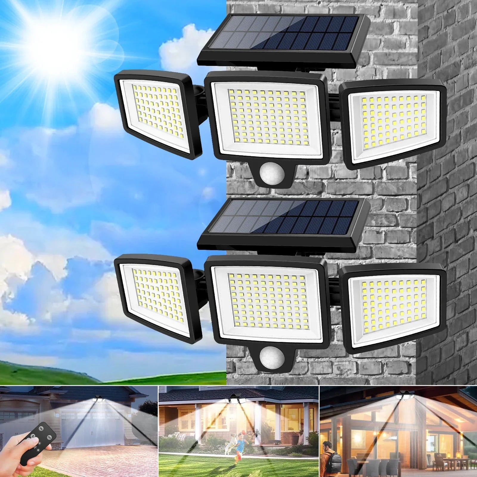 3-Head Solar Outdoor Security Light — Motion Sensor, Wireless Remote, Dimmable LED (1–5 Pack) - Authority Asset Brand
