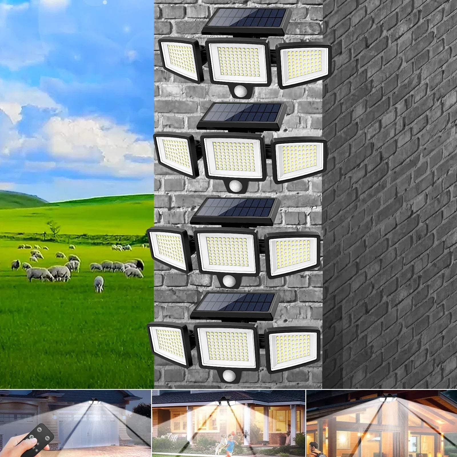 3-Head Solar Outdoor Security Light — Motion Sensor, Wireless Remote, Dimmable LED (1–5 Pack) - Authority Asset Brand