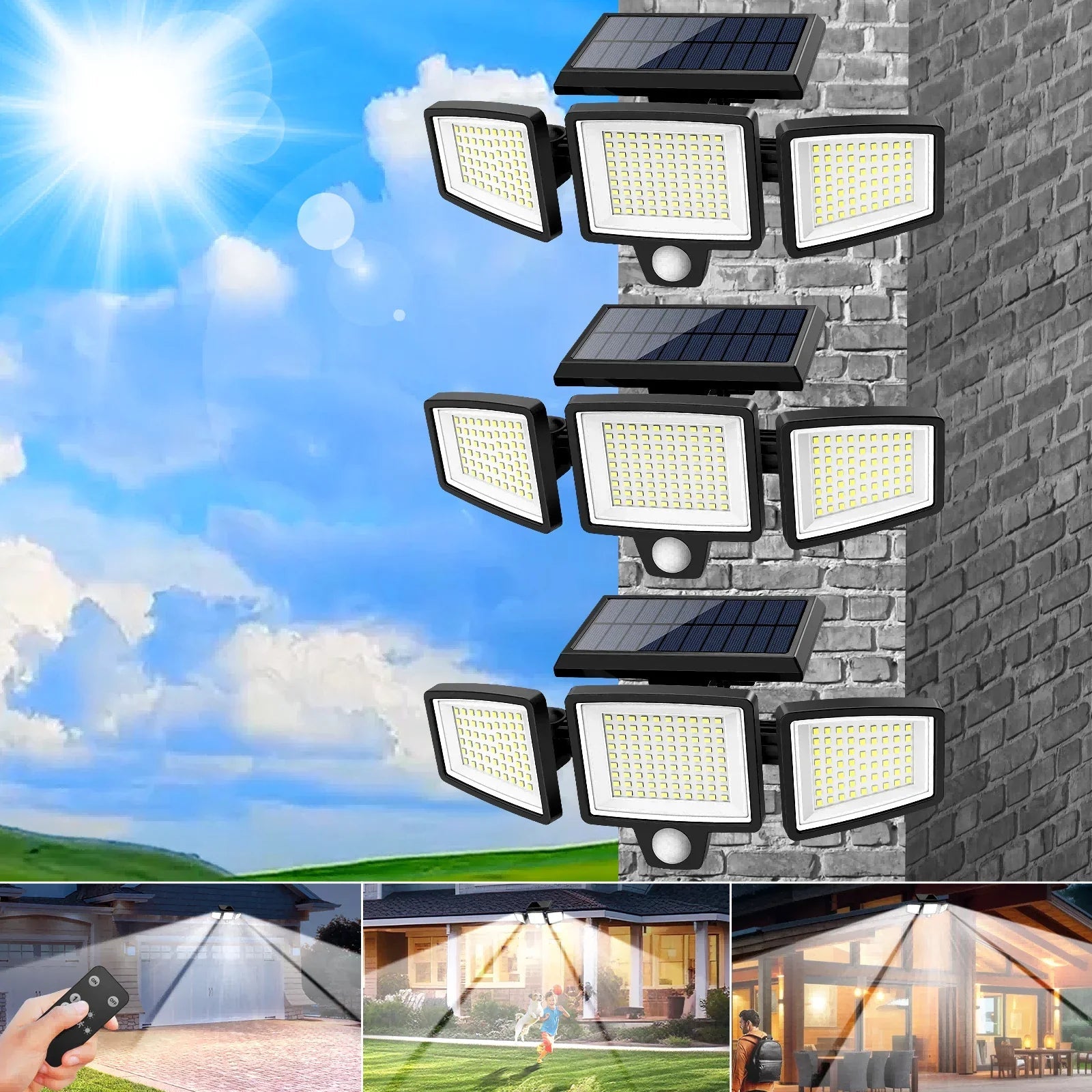 3-Head Solar Outdoor Security Light — Motion Sensor, Wireless Remote, Dimmable LED (1–5 Pack) - Authority Asset Brand