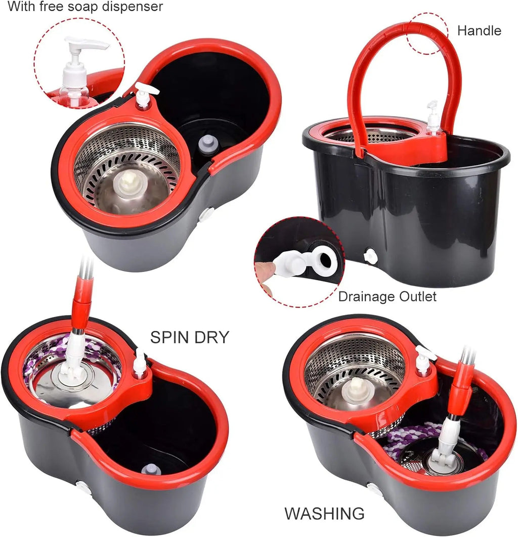 360° Spin Mop & Bucket Set — 3 Microfiber Heads, Stainless Steel Basket, 61" Adjustable Handle - Authority Asset Brand
