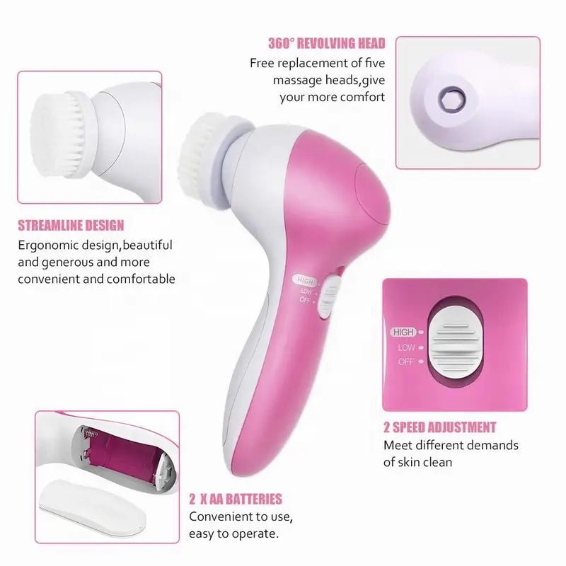 5-in-1 Electric Facial Cleansing Brush — Blackhead Removal, Spa Massage, Skin Care Tool - Authority Asset Brand
