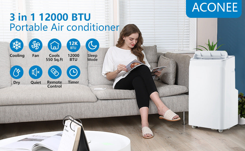 12,000 BTU 4-in-1 Portable Air Conditioner — Ultra Quiet, Dehumidifier, Sleep Mode, Reusable Filter & Remote for Home & Office up to 550 Sq Ft